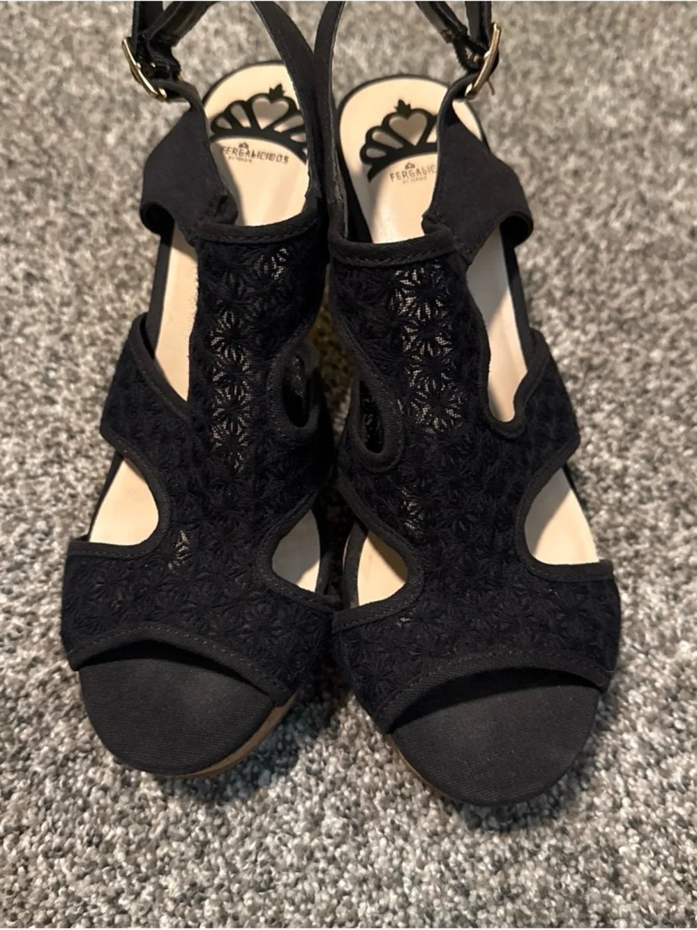 Fergalicious Black Lace Wedge Sandals with Cork Heel Size 8